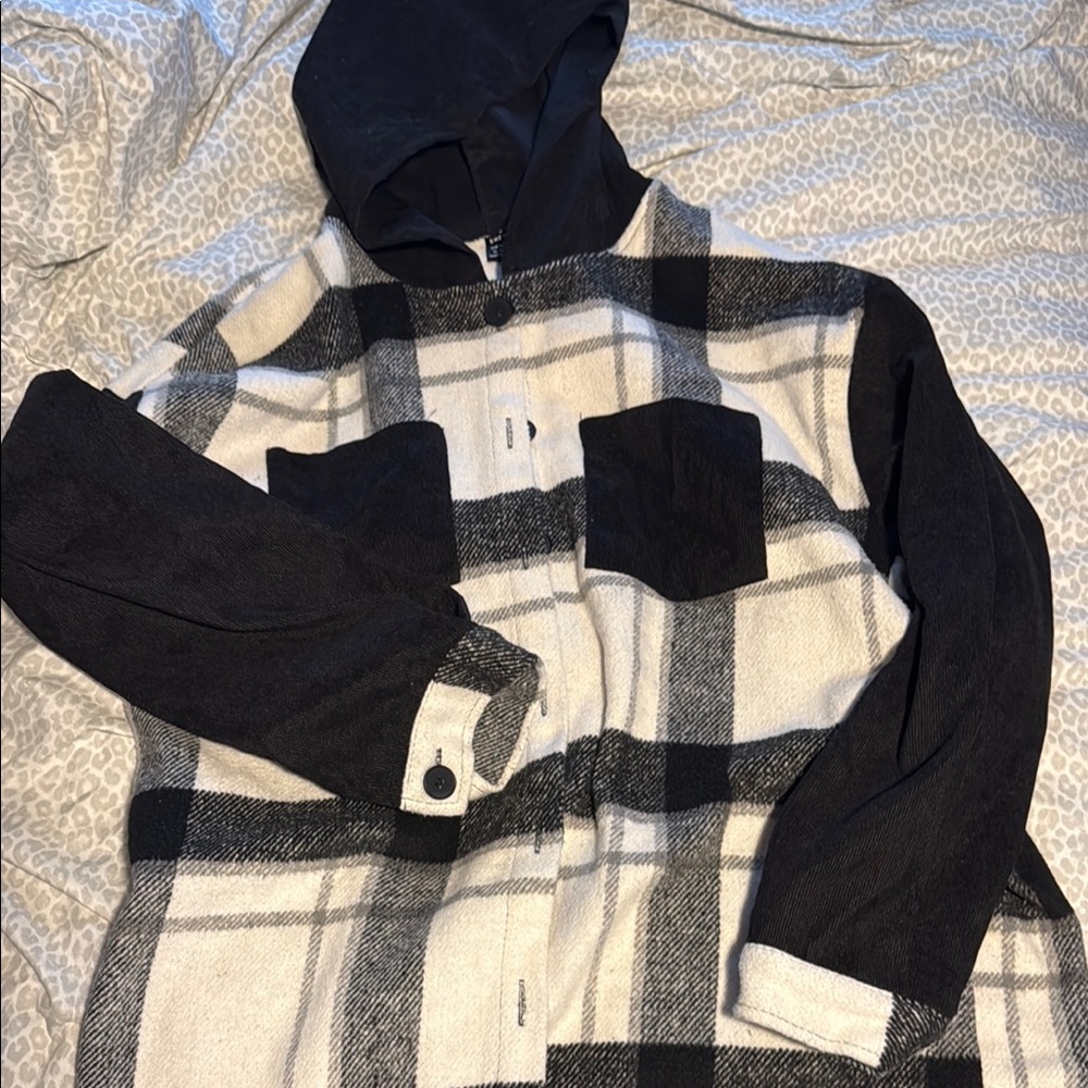 Black and White Plaid Hooded Jacket